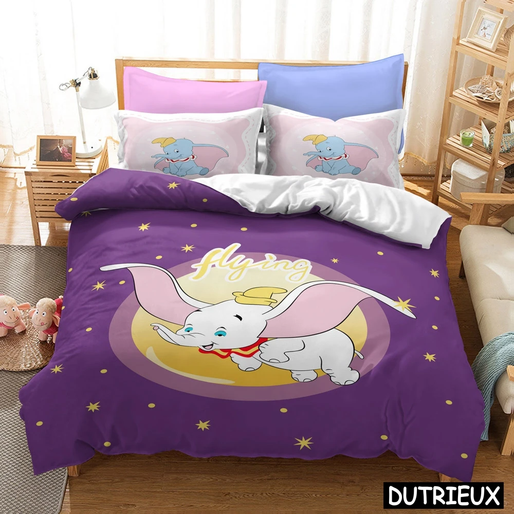 

Lovely Dumbo Flying Baby Elephant Bedding Set Stars Moon Kids Girls Cartoon Duvet Cover Set Bedclothes Gift Twin Full Queen King