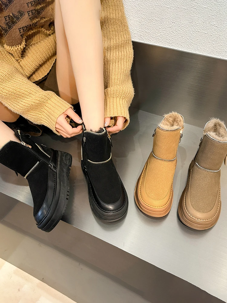 

Winter Boots With Fur Female Shoes Flat Heel Clogs Platform Australia Zipper Round Toe Boots-Women Plush Ladies Mid Calf Leather