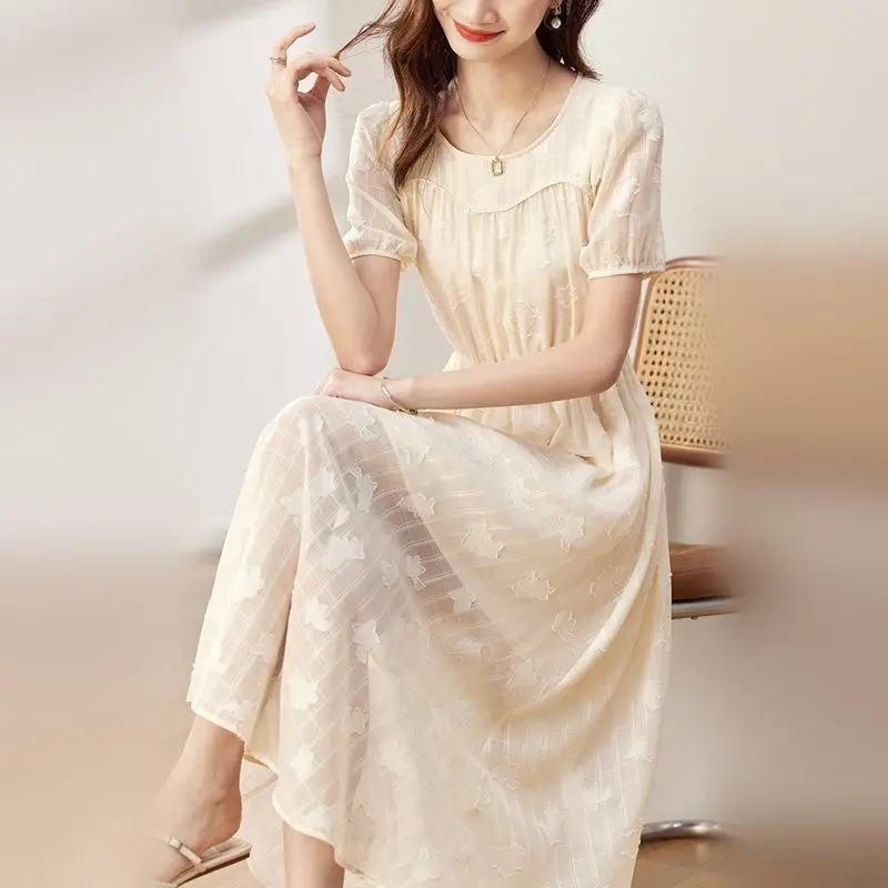 

Fashion O-Neck Spliced Shirring Short Sleeve Dresses Women's Clothing 2024 Summer New Loose Solid Color Office Lady Party Dress