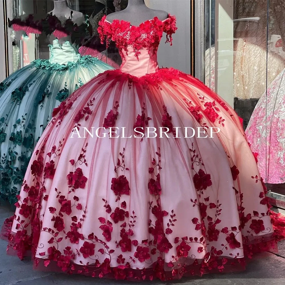 

Красное Бальное Платье Angelsbridep, платья Quinceanera с открытыми плечами и 3D цветами, платье принцессы 2023, милые платья для торжества 15 лет, 16