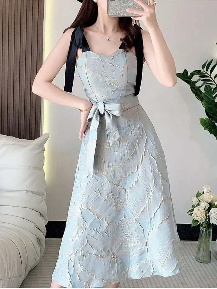 

Emboss Jacquard Summer Dresses Retro Sleeveless Bow Tie Spaghetti Strap Lace Up Slim Big Swing Backless Evening Party Vestidos