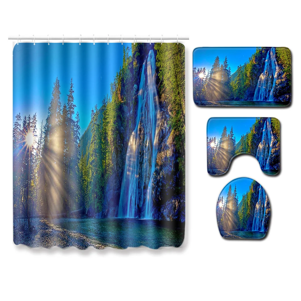 

Natural Forest Waterfall landscape Shower Curtain Combination set non-slip Carpet Shower Curtain Waterproof Home decoration