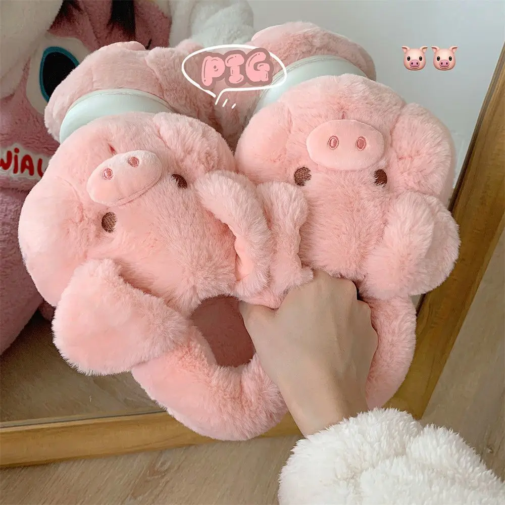 

Feerldi Pink fluffy pig slippers women slip on animal slides indoor house furry cotton shoes warm 2023 new girls piggy shoes