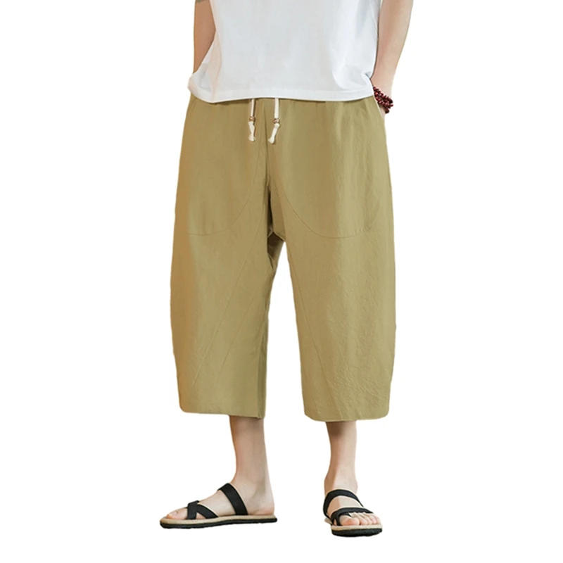 

Douhoow Men's Linen Capri Pants Summer Comfy Baggy Harem Pants Casual Drawstring Yoga Male Beach Capris Wholesale