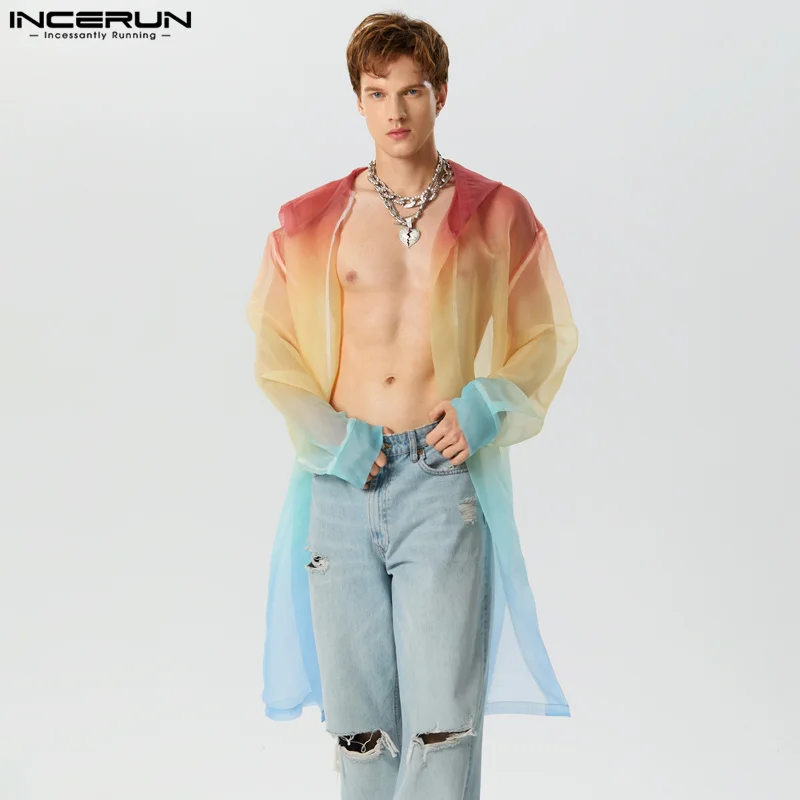 

INCERUN Tops 2023 American Style Handsome New Men Gradient Mesh Hooded Cardigan Trench Casual Sexy Male Hot Selling Trench S-5XL