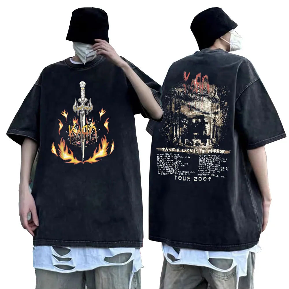 

Washed Vintage Men Women Gothic Casual T-shirt Rock Band Korn Take A Look in The Mirror Tour 2004 Tshirt Male Oversized T Shirts