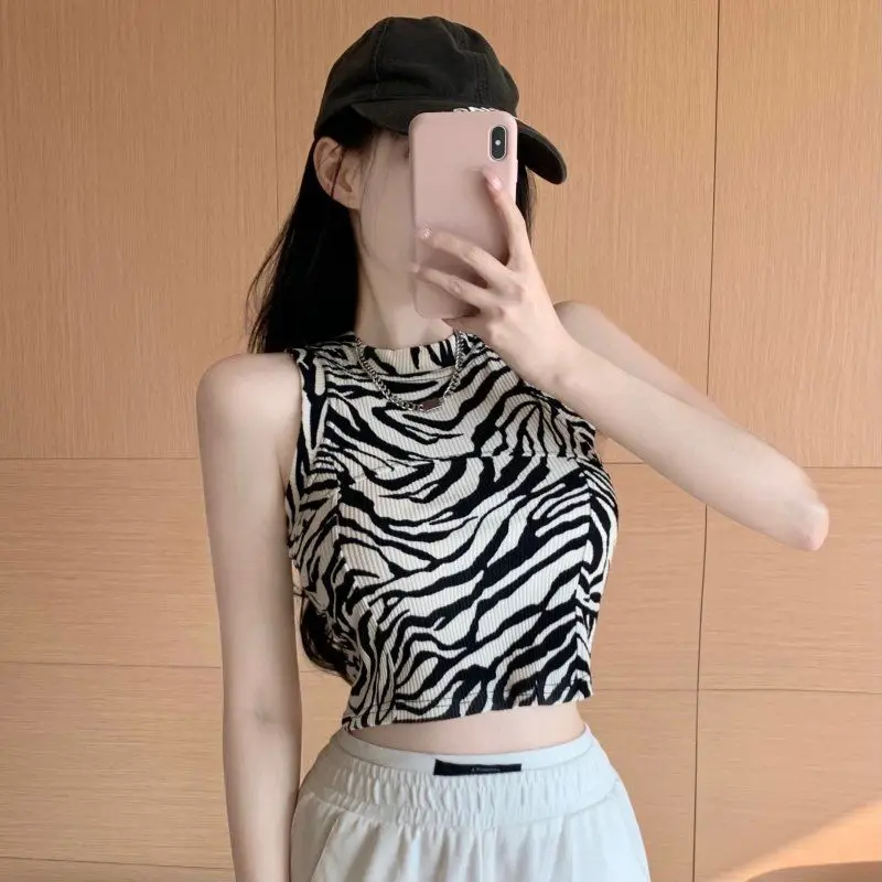 

Summer New Pure Lust Hot Girl Vintage Plaid Zebra Vest Women's Outerwear Cropped Crop Top Knitted Camisole