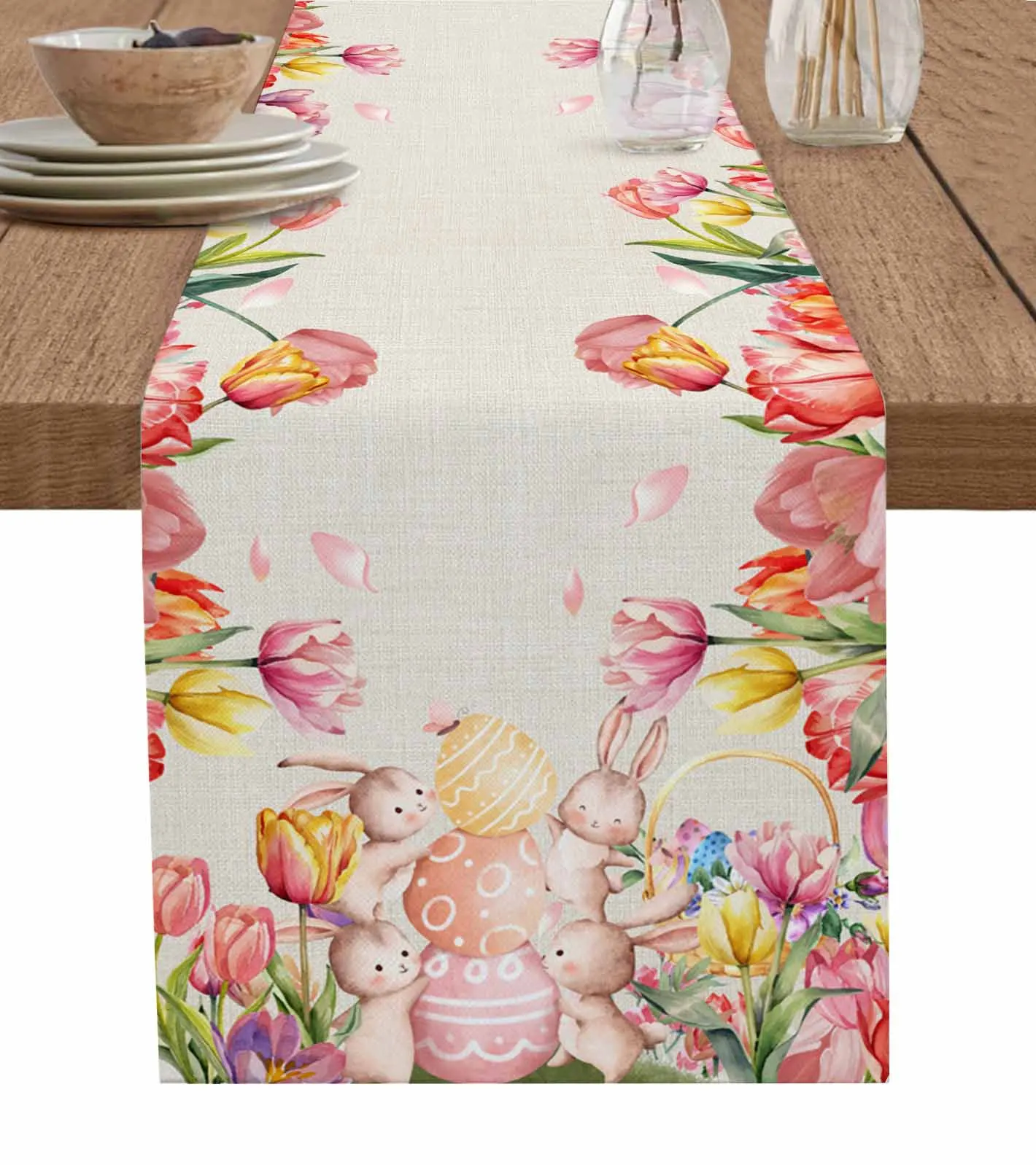 

Tulip Rabbit Watercolor Easter Table Runner Party Dining Table Cover Cloth Placemat Napkin Home Kitchen Decor