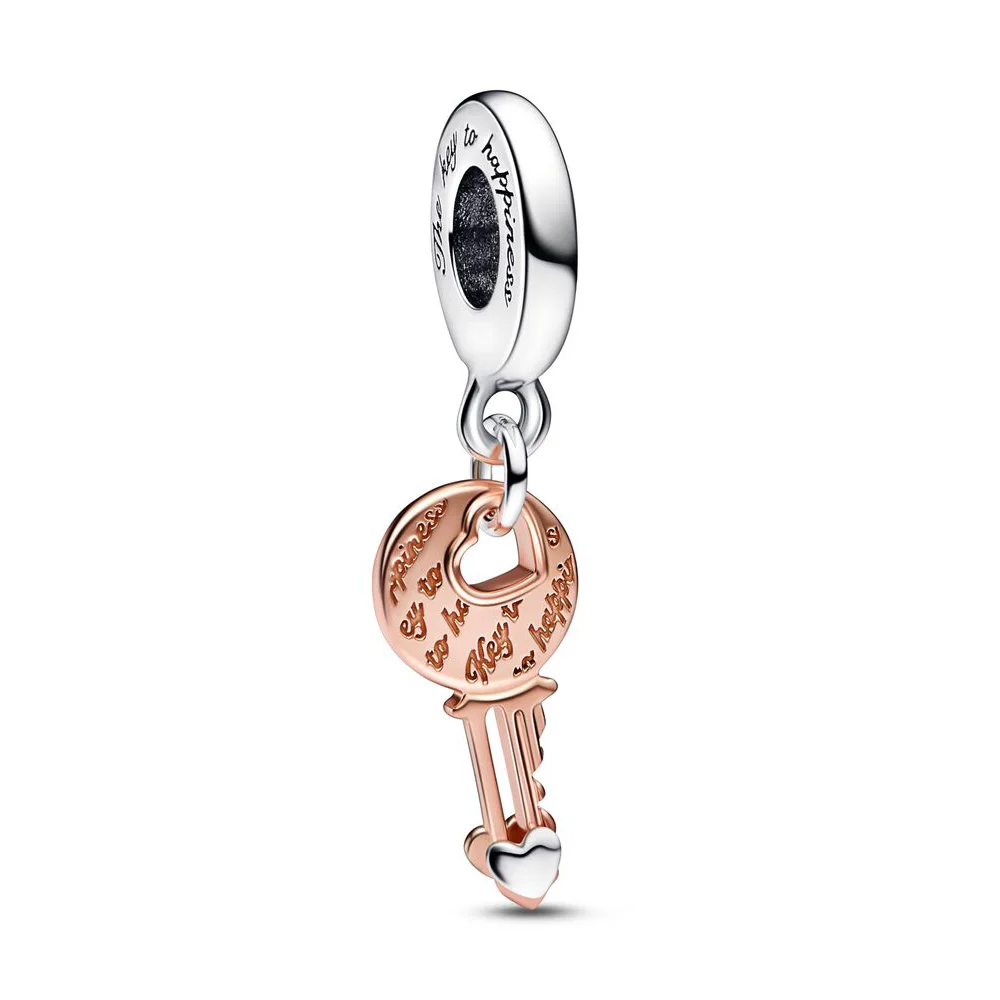 

Authentic 925 Sterling Silver Bead Two-Tone key & Sliding Heart Dangle Charm Fit Pandora Women Bracelet Bangle Gift DIY Jewelry
