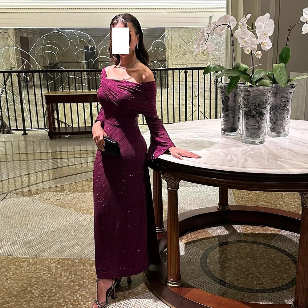 Elegant Purple Jersey Long Sleeves Evening Dress Formal Straight Ankle Length Off the Shoulder Pleats Special Occasion Gowns
Elegant Purple Jersey Long Sleeves Evening Dress Formal Straight Ankle Length Off the Shoulder Pleats Special Occasion Gowns