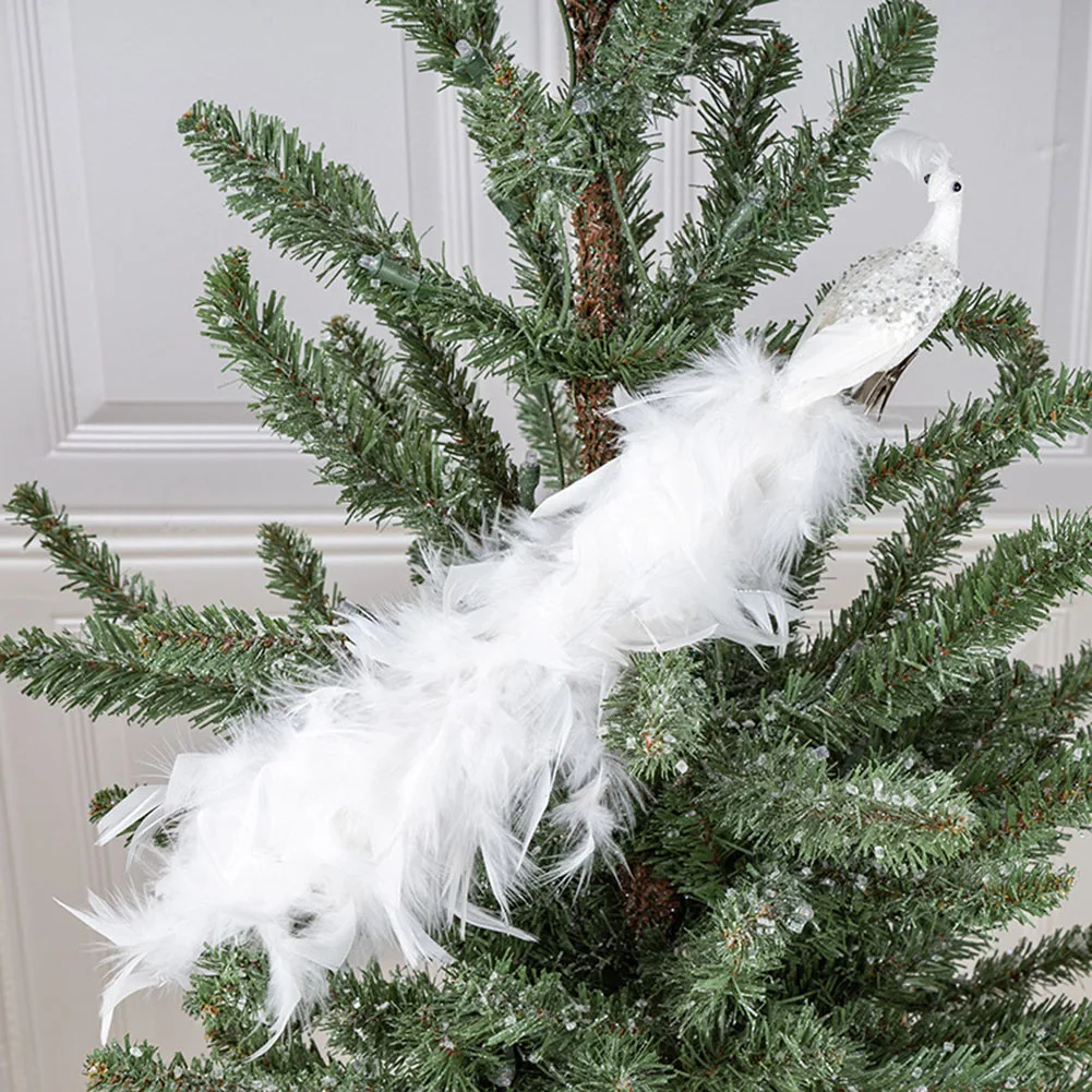 

1pcs Artificial White Peacock Ornament Christmas Tree Feathered Simulation Birds Christmas Wedding Decoration Ornaments