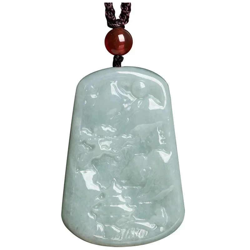 

Burmese Jade Landscape Pendant Gift Natural Necklace Carved Designer Vintage Real Stone Jadeite Jewelry Man Emerald White