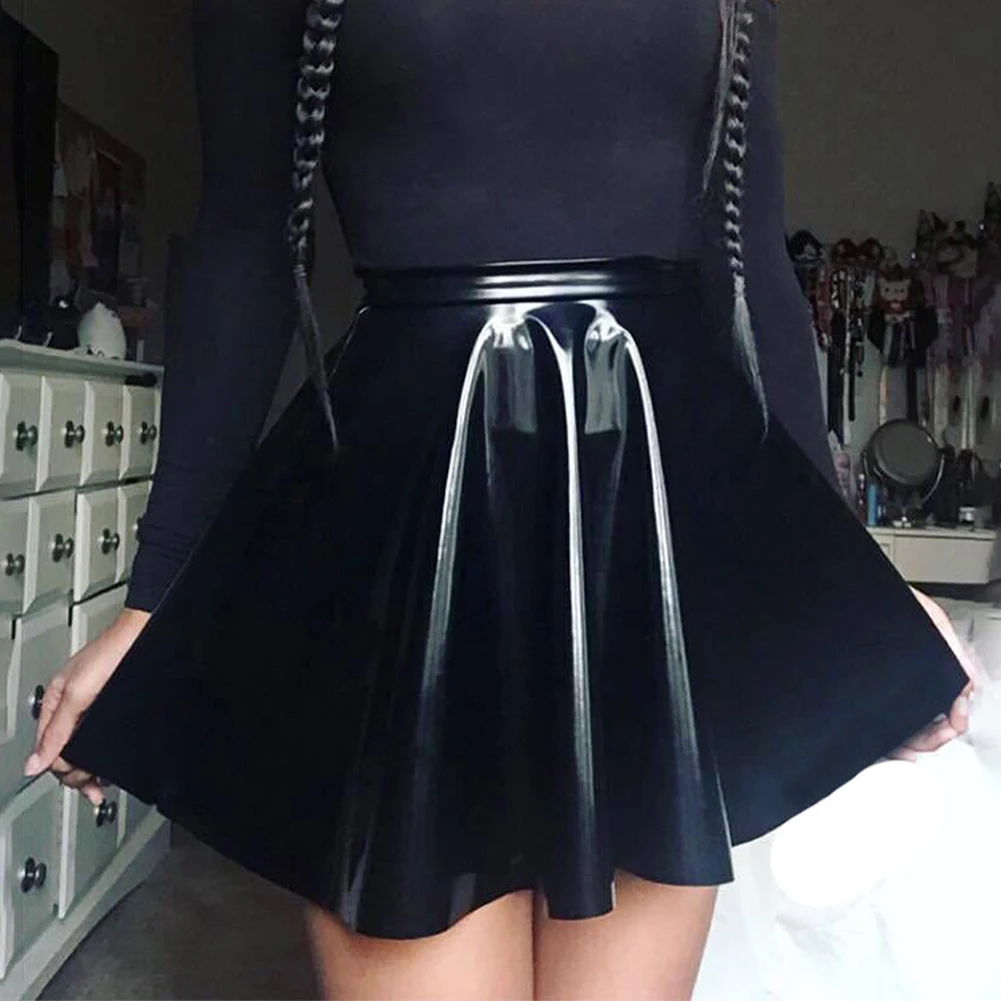 

Women Sexy PVC High Waist Slim Leather Pleated Glossy Short Skirt Flared A Line Skater Skirts Clubwear Dance Female Mini Skirt