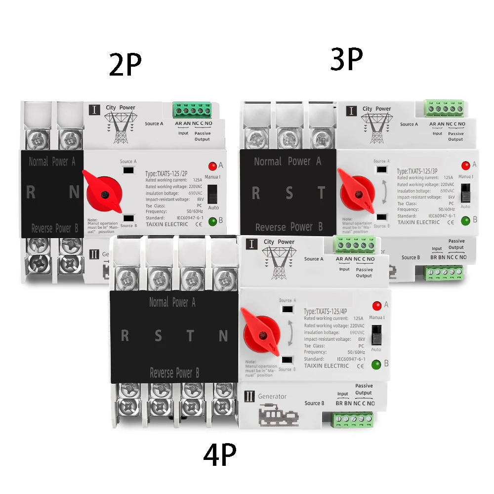 

Din Rail 2P 3P 4P ATS Dual Power Automatic Transfer Switch Selector Switches Uninterrupted Power Generator 63A 100A 125A