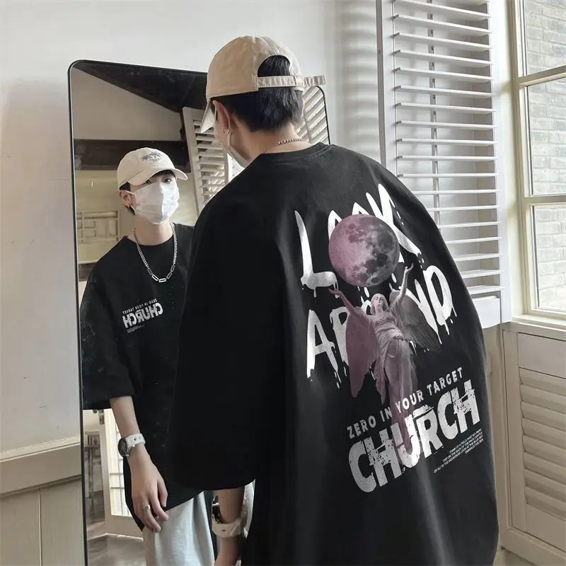 Cotton short sleeved t-shirt boys summer American high street retro ins design sense niche half sleeved top graphic t shirts 
Cotton short sleeved t-shirt boys summer American high street retro ins design sense niche half sleeved top graphic t shirts