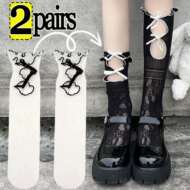 

Lolita Bowknot Hollow Socks Women Girls Black White Sweet Ruffle Stockings Princess Calf Sock Sexy Retro Fishnet Sox Hosiery