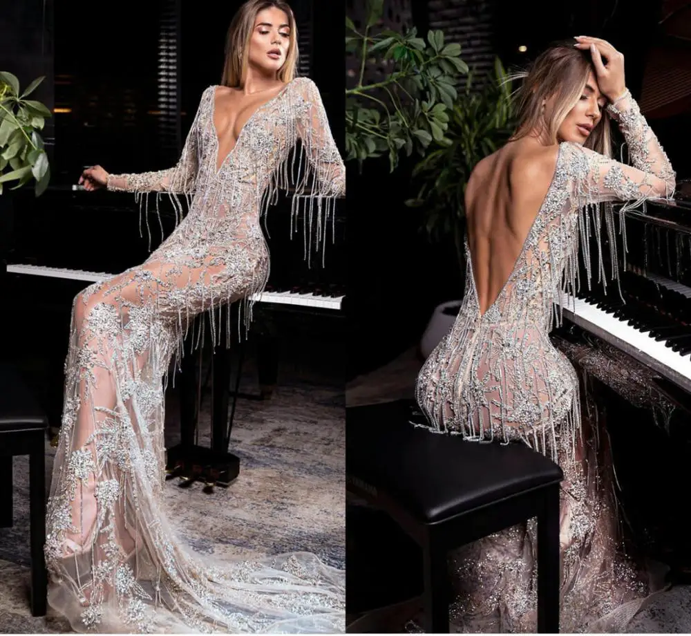 

Dubai Sexy Glitter Beaded Sexy Deep V Neck Evening Dresses Women Illusion Formal Party Prom Gowns Arabic Tassel Robe De Soiree