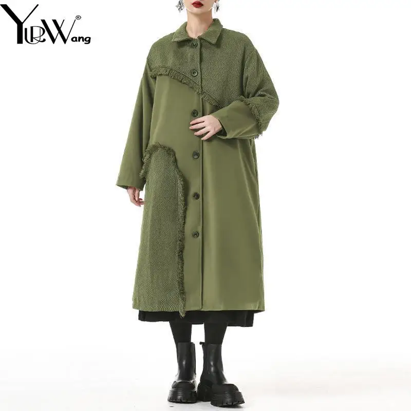 

TNFS Women Woolen Coat Tassels Patchwork Asymmetry Long Wool Overcoat Black Armygreen Fashion Winter Long Overcoat 2023 New