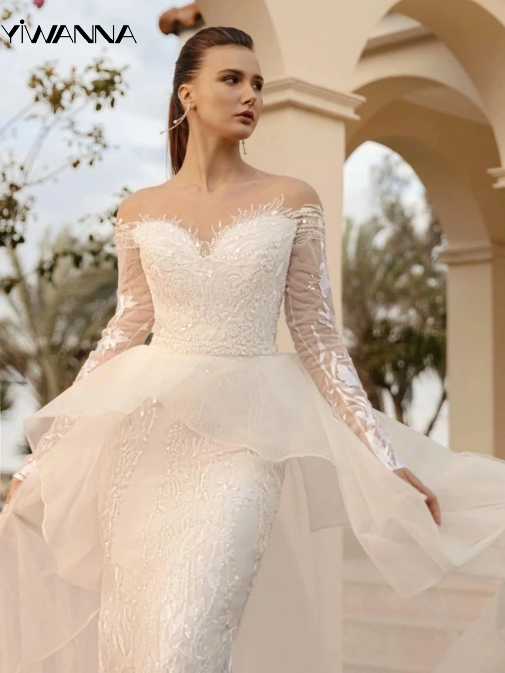 

Сдержанное свадебное платье с круглым вырезом и длинным рукавом, классическое кружевное платье невесты с аппликацией, блестящее длинное свадебное платье с блестками, женское платье