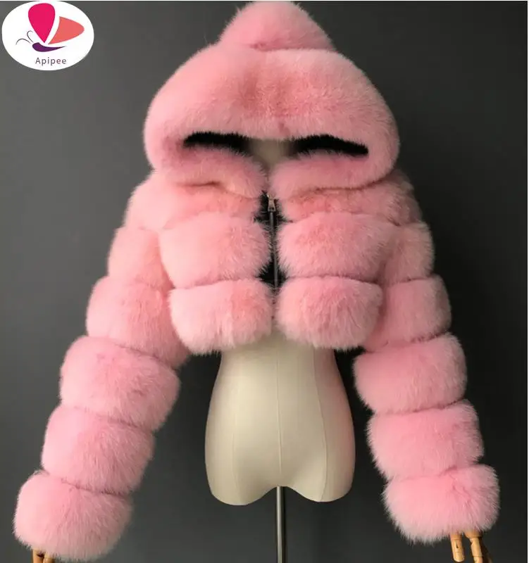 

High Quality Furry Cropped Faux Fur Coats And Jackets Women Fluffy Top Coat With Hooded Winter Fur Jacket Manteau Femme