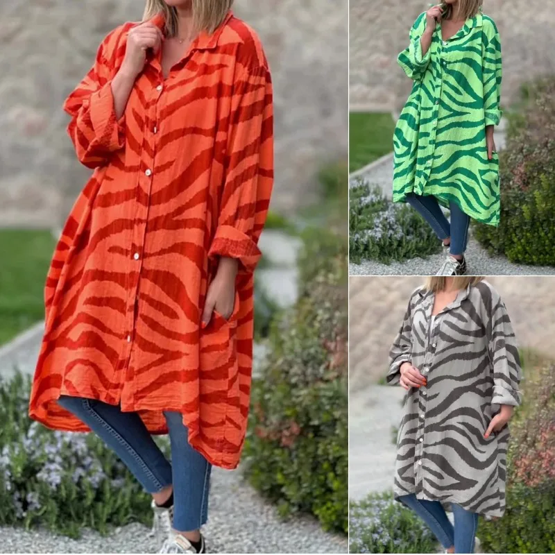 

Spring Summer Women's Stripe Casual Dress Long Sleeved Turndown Collar Single Breasted Loose Long Dress