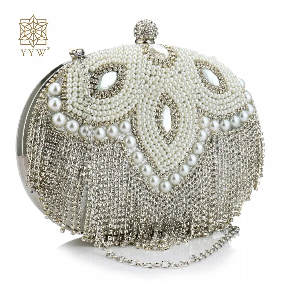 

Luxury Bling Rhinestone Ellipses Pearl Beads Evening Handbag Women Diamond Tassels Party Wedding Messenger Purse Lady Chain Bag