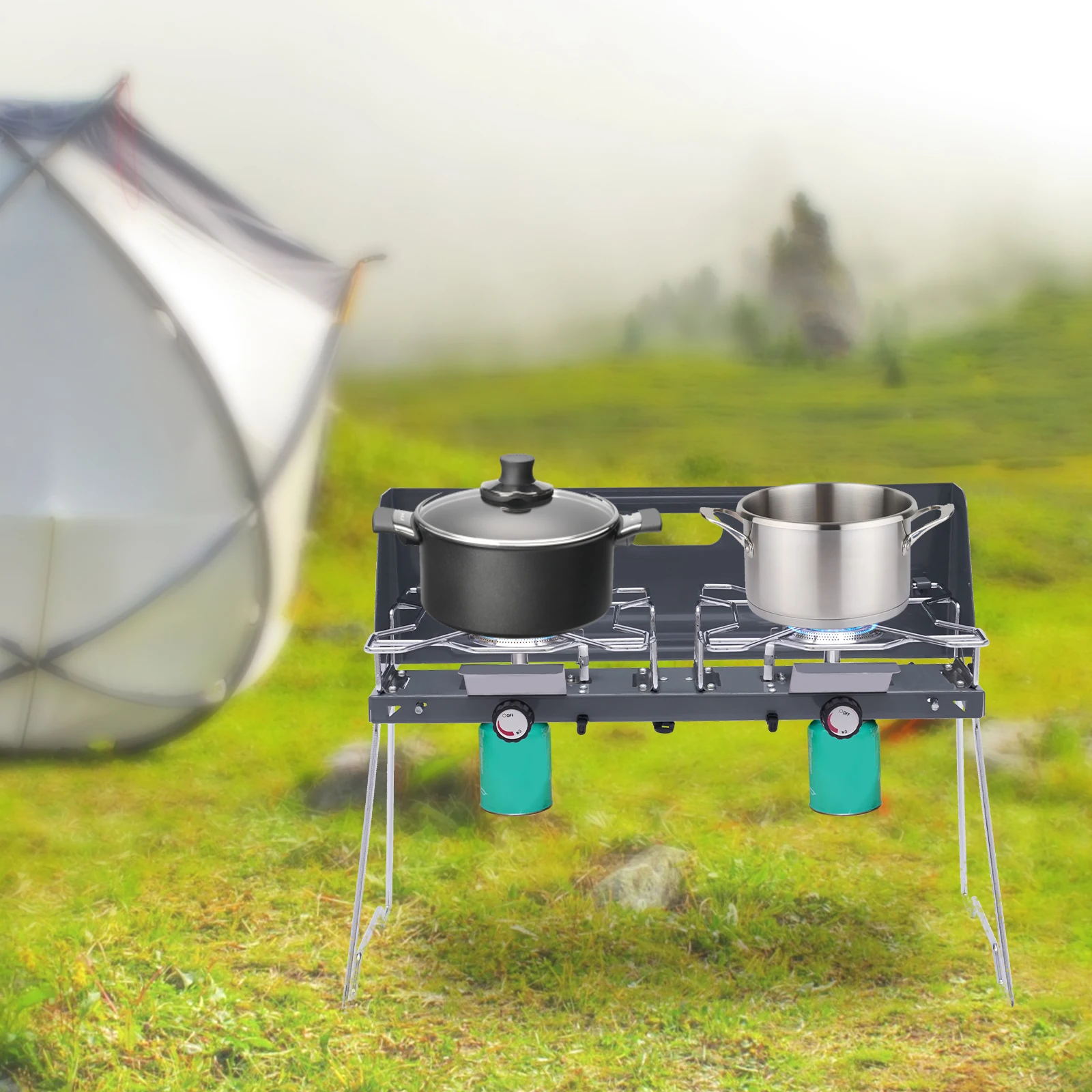 

2 Burners Portable Butane Gas Stove With Regulator for Camping Outdoor Cooking Stainless Steel Drip Tray Foldable Legs