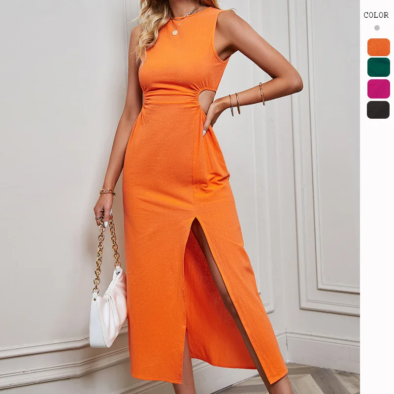

Women's Summer Dress 2023 New Solid Color Slit Waist Revealing Crewneck Long Dress Free Shipping