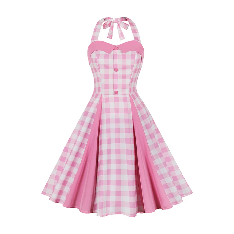 

2024 Summer Sexy Halter Pink Plaid Printed Women Backless Vintage retro 50s 60s Rockabilly pin up Skater swing swing dress