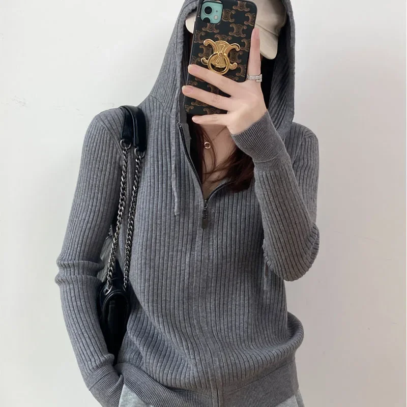 

Women Cardigans Spring New Hooded Sweater Cardigan Female Bottoming Shirt Casual Loose Knit Zip Jacket with Cap Sweaters E114