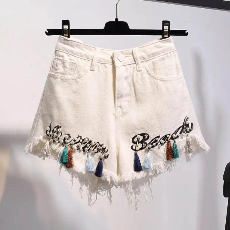 Women's Denim Shorts Summer Fashion Korean High Waist Thin Tassel Beading Loose Casual A-line Shorts Trend Dancing Rave Y2K
Women's Denim Shorts Summer Fashion Korean High Waist Thin Tassel Beading Loose Casual A-line Shorts Trend Dancing Rave Y2K