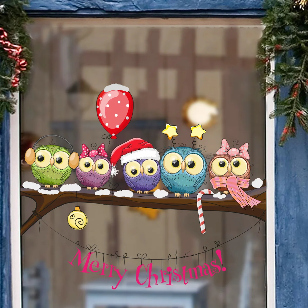 

Merry Christmas Window Wall Stickers Posters Decals Waterproof Owl New Year Christmas Tree Decorations Home Decor Xmas