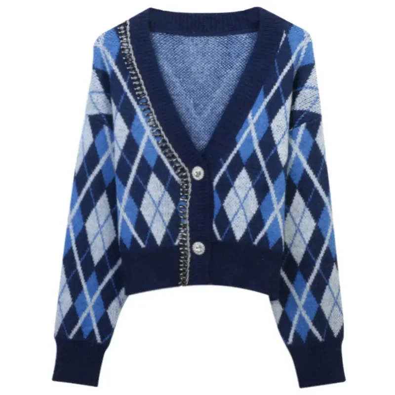 

British Style Knitted Crop Cardigans Women Autumn Winter Sweaters Rhombus Jacquard Diamond Stitching Slim Fit V-neck Short Tops