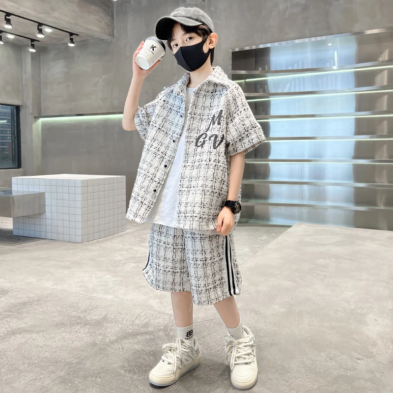 

summer teen boys clothes sets French shirt+shorts 2pcs 4-14 kids short suit children outfit ensemble short et top school clothes