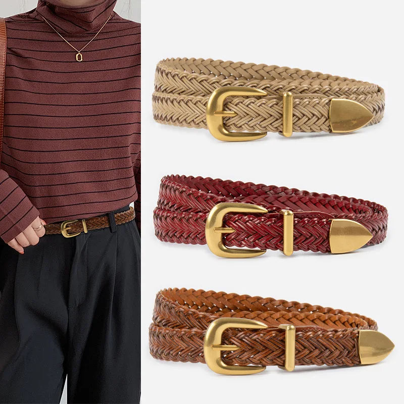 

Classic Real Leather Woven Women Belts Jeans Strap Adjustable White Red Cowhide Casual Waist Belt Waistbands Ceinture Homme 2024