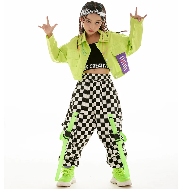 

New Hip Hop Dance Costume Girls Cropped Green Tops Checkered Cargo Pants Modern Jazz Dance Clothes Kids Street Dance Suit BL9562