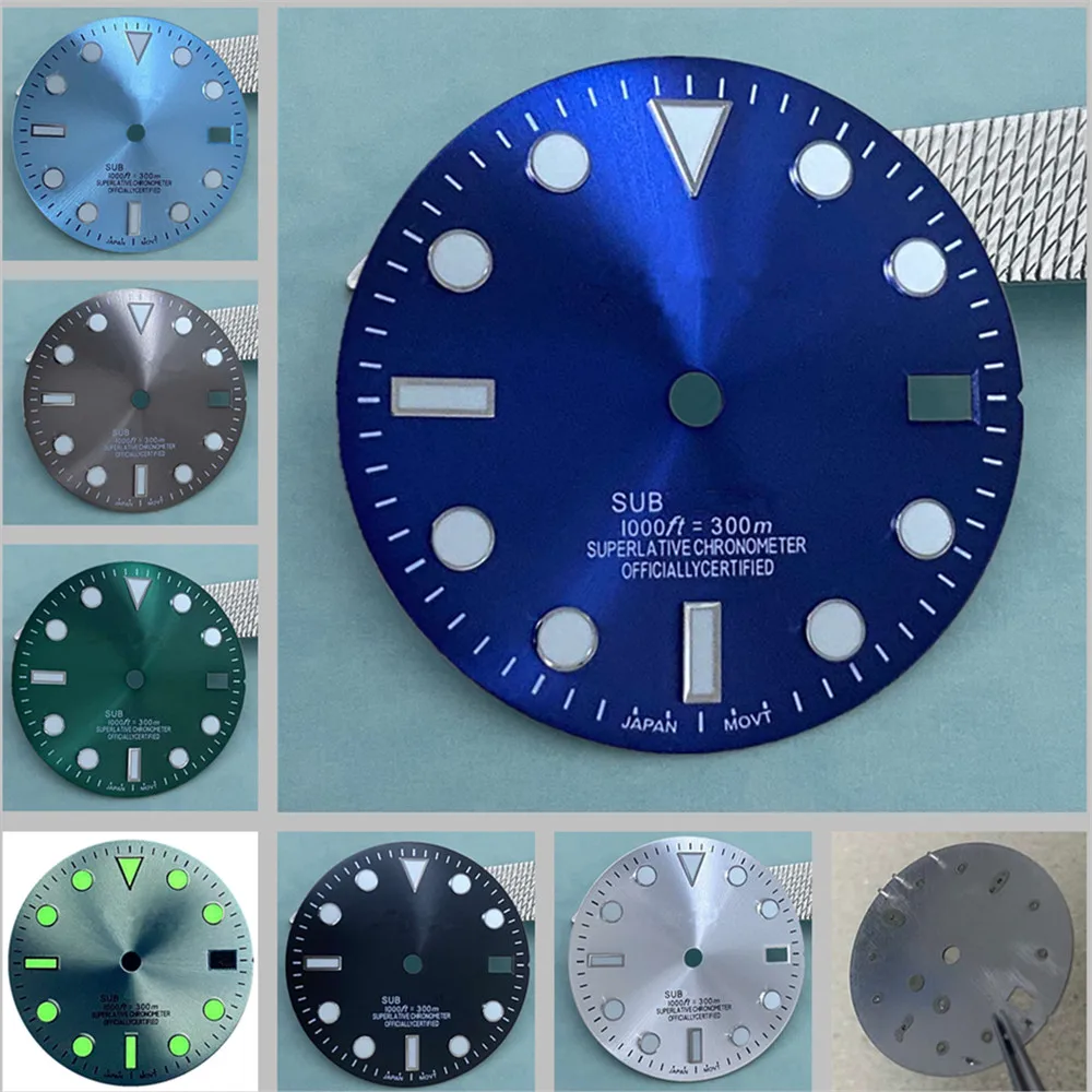 

28.5mm Oyster Dial Green Luminous for SUB SKX007 Watch Dial Round Nails Nh35 Dial S Logo Nh36 Movement Dials Calendar Accessory