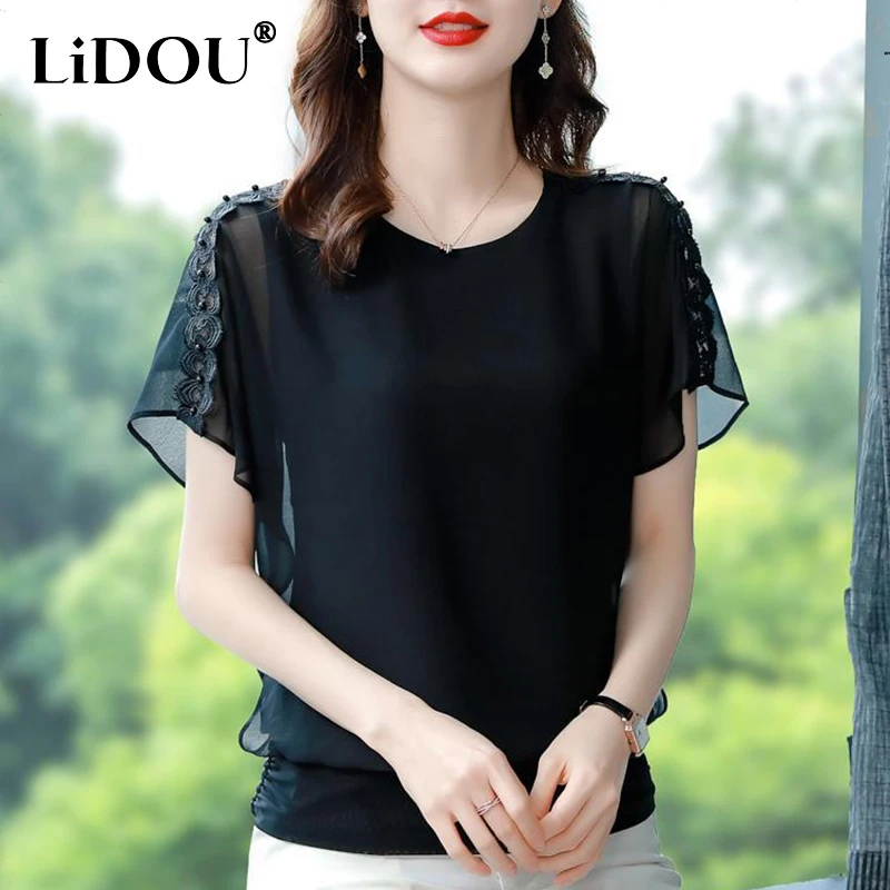 Summer Solid Aesthetic Casual Chiffon Bat Shirt Women Short-sleeved Flower Elegant Fashion Tops Female Sweat Chic Lady Clothes
Summer Solid Aesthetic Casual Chiffon Bat Shirt Women Short-sleeved Flower Elegant Fashion Tops Female Sweat Chic Lady Clothes