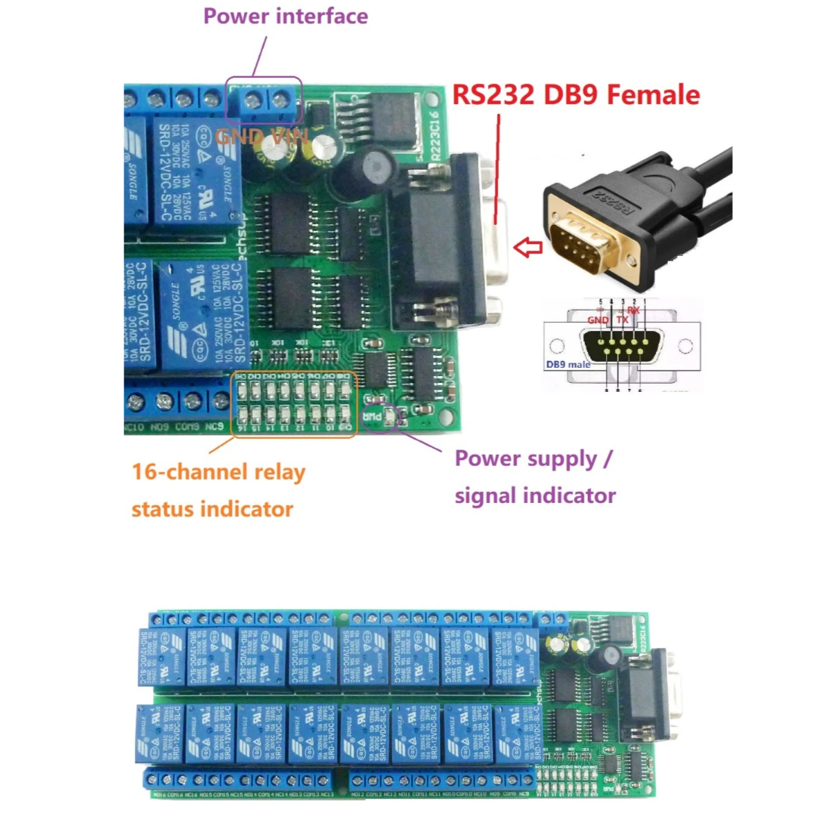 

R223C16 16ch DC 12V Serial Port DB9 UART RS232 Relay Module for PLC PC Com 3D Printer LED Home lighting Motor