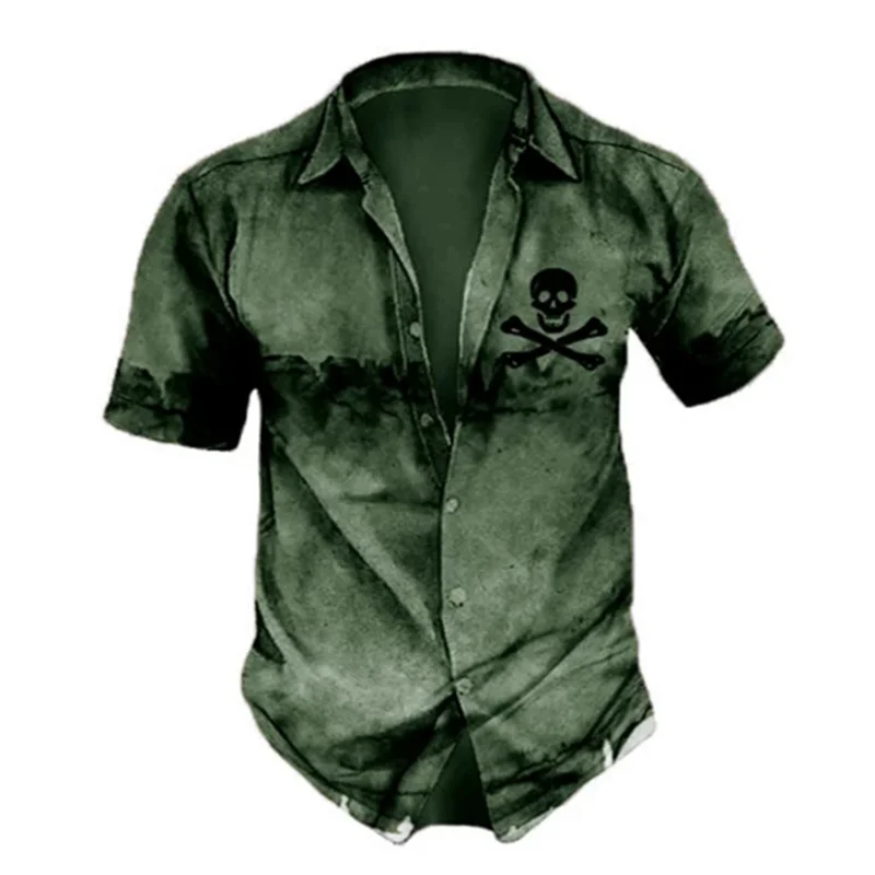 

2024 Men's Shirts Lapel Streetwear Vintage Shirt For Men Skull Hip Hop Short Sleeve Top Party Summer Casual Men Hawaiian Shirts