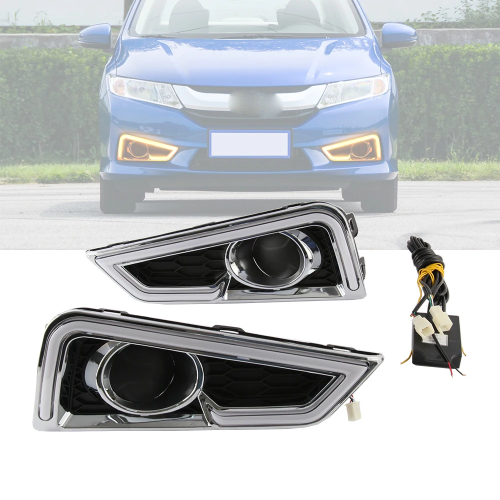 

2 Pieces Car LED Daytime Running Light Turn Signal Flashing Yellow DRL 12V Daylight Fog Lamp Cover for Honda City 2015 2016 2017