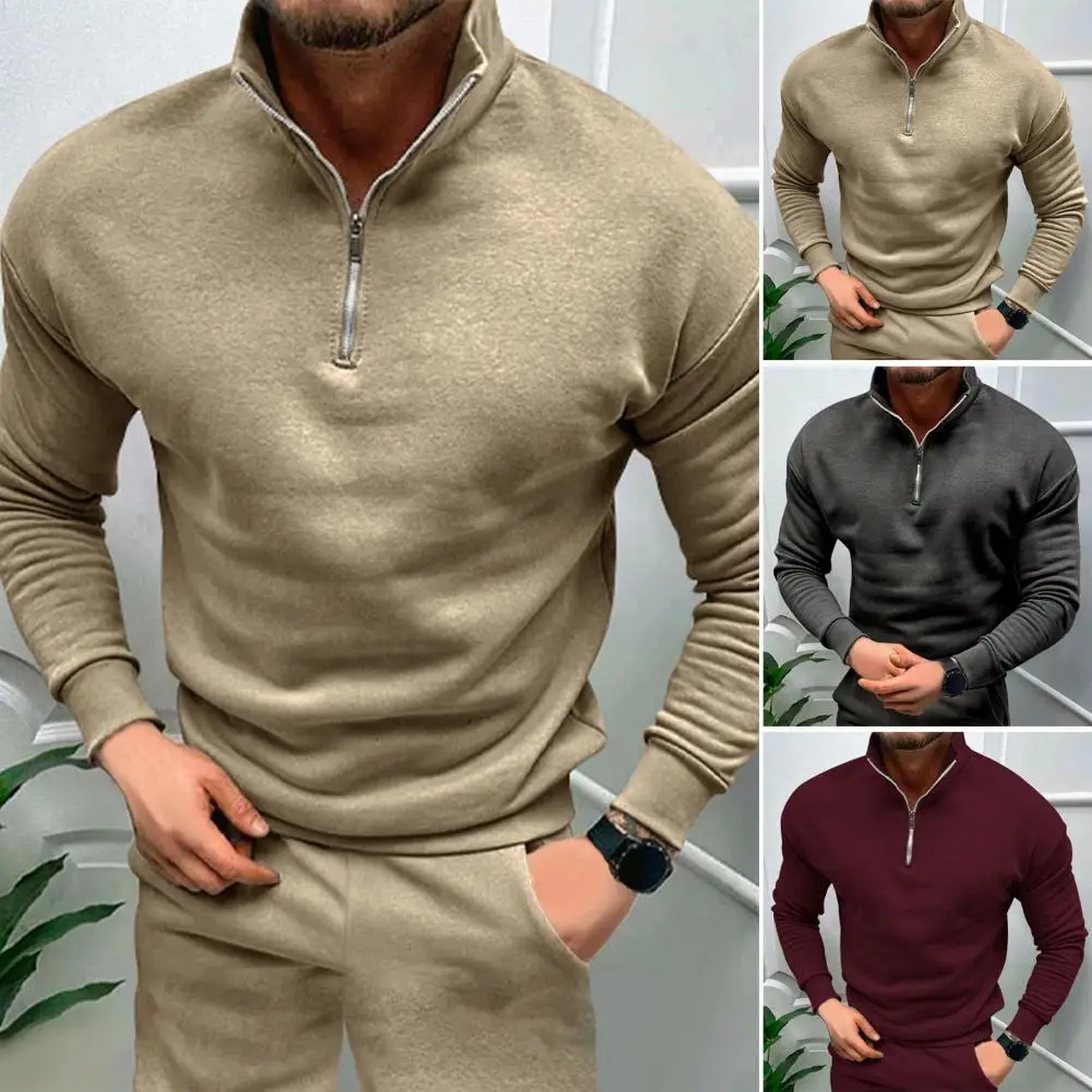 

Soft Men Top Stylish Men's Windproof Fleece Pullover Stand Collar Zipper Closure Soft Elastic Cuffs Ideal for Fall Spring Men