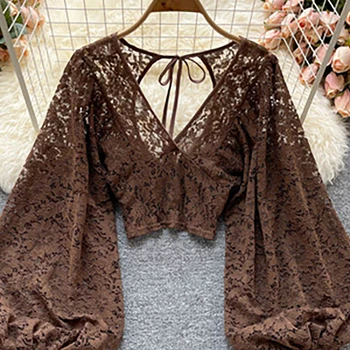 Autumn Black/White/Brown Sexy Lace Blouse Women Elegant V-Neck Puff Long Sleeve Open Back Short Tops Female Party Blusas 2021