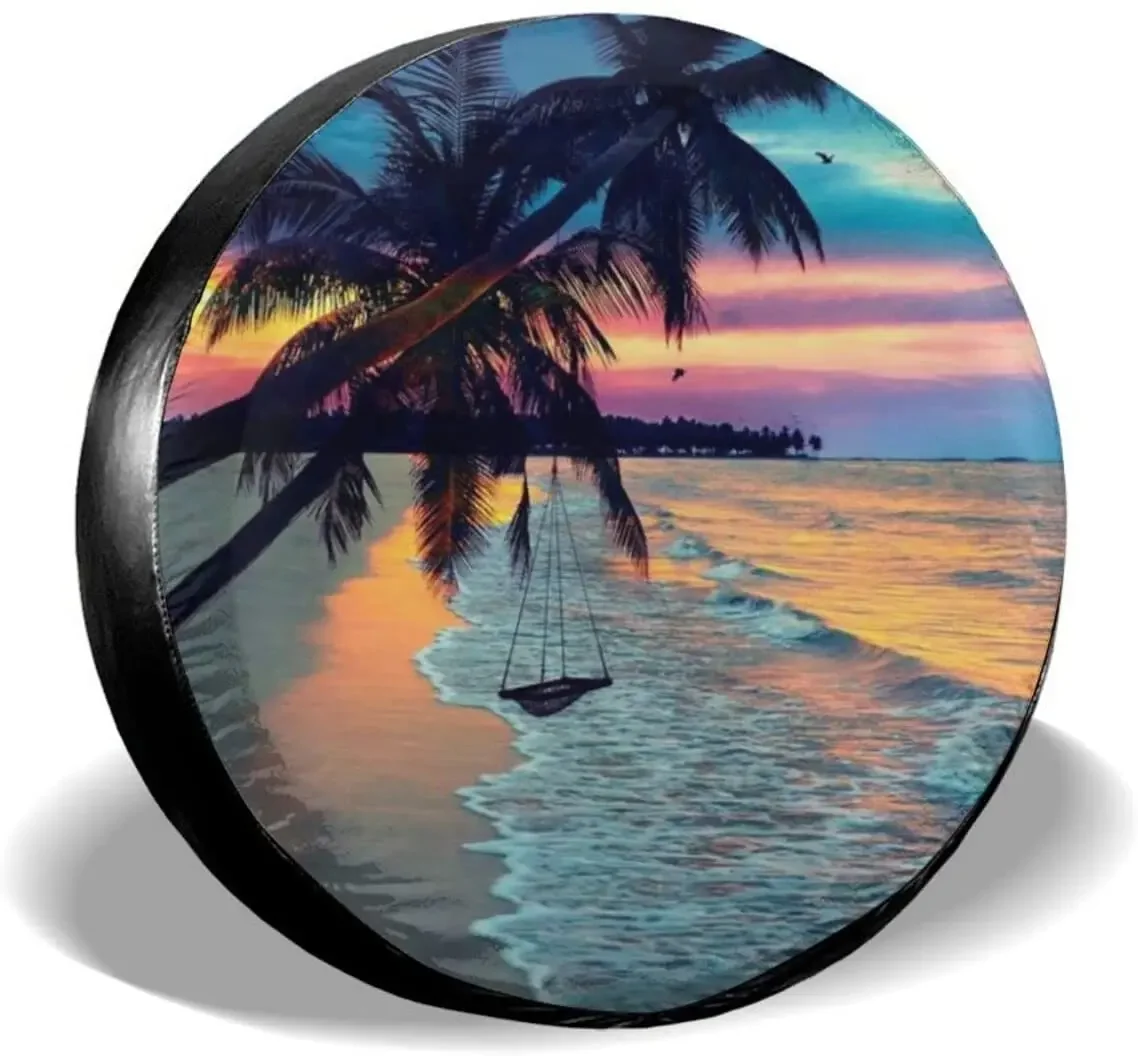 

Tropical Ocean Beach Sunset Palm Trees Spare Tire Cover Wheel Protectors Weatherproof Wheel Covers Universal Fit for Trailer Rv