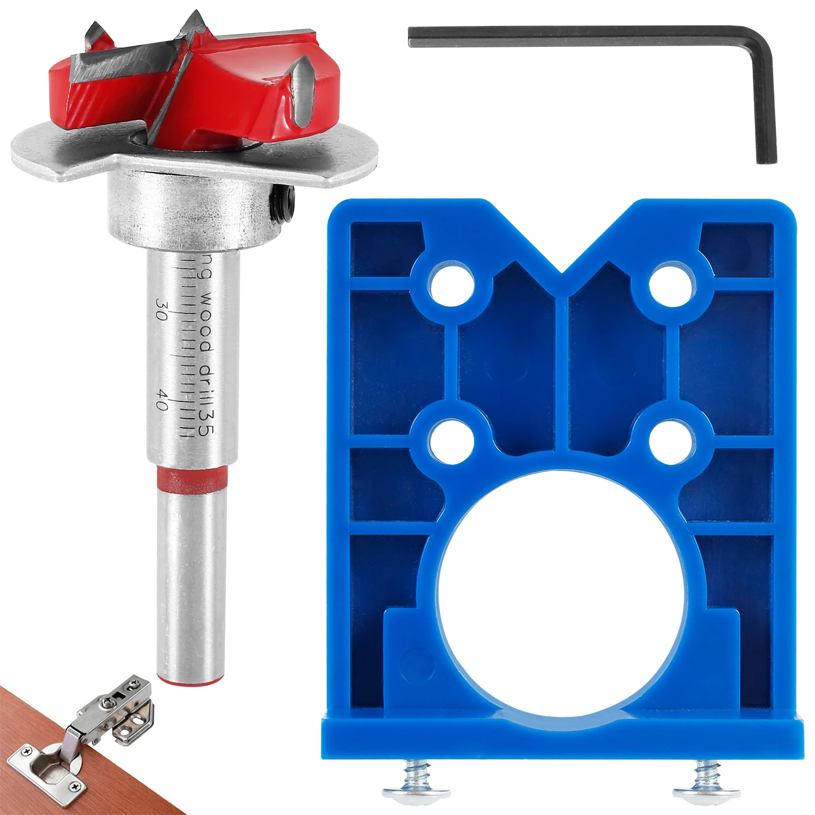 

Concealed Hinge Jig Precision 35mm Hinge Drilling Guide Woodworking Hinge Hole Punching Locator w/ Hex wrench and Adjustable Bit