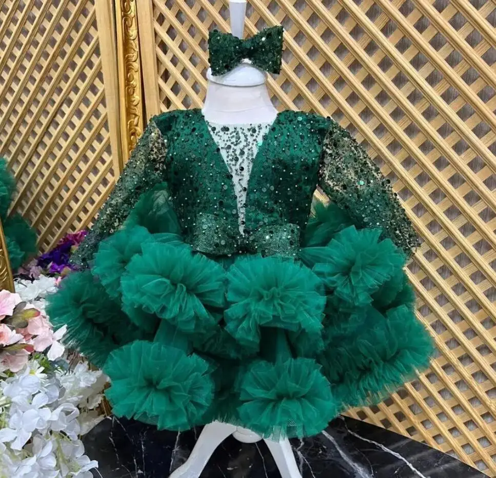 

Cute Green Tulle Baby Girl Dress Beading Pearls Sequined Princess Long Sleeve Flower Girl Dress Infant Tutu Dress Party Gown