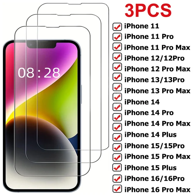Protecteur d'Écran en Verre pour iPhone, Couverture Complète, Film pour 11, 12, 13, 14, 15, 16 Pro Max, 13 Mini, 14, 15, 16 Plus, 3 Pièces 1