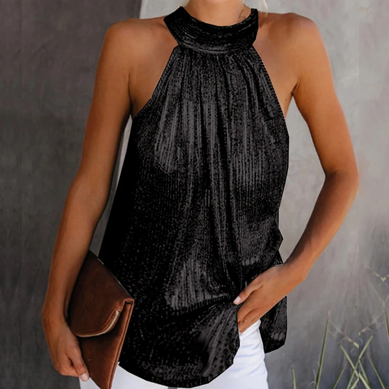 Womens Fashion Shiny Halter Neck Tank Tops Ladies Summer Casual Solid Color Sleeveless T shirt Black Gold Silver
Womens Fashion Shiny Halter Neck Tank Tops Ladies Summer Casual Solid Color Sleeveless T shirt Black Gold Silver