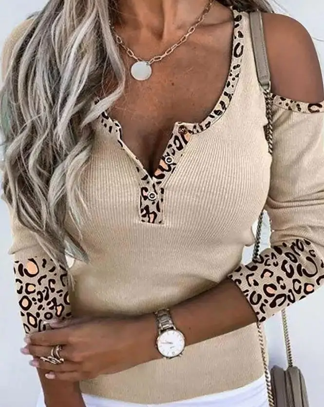 Women's Blouse Tops Elegant Fashion Casual Daily Tee Tops Contrast Leopard Cold Shoulder Button Long Sleeve Slim Fit Ribbed Top
Women's Blouse Tops Elegant Fashion Casual Daily Tee Tops Contrast Leopard Cold Shoulder Button Long Sleeve Slim Fit Ribbed Top