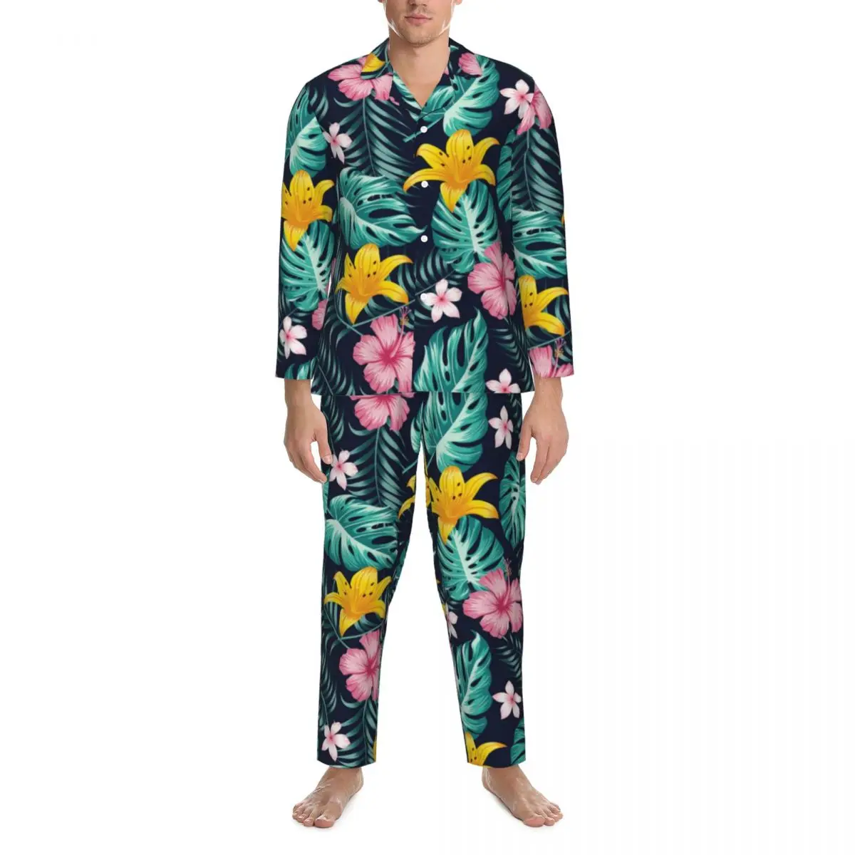 

Pink Hibiscus Flower Pajamas Men Palm Leaves Print Warm Leisure Nightwear Autumn 2 Pieces Vintage Oversized Graphic Pajama Set